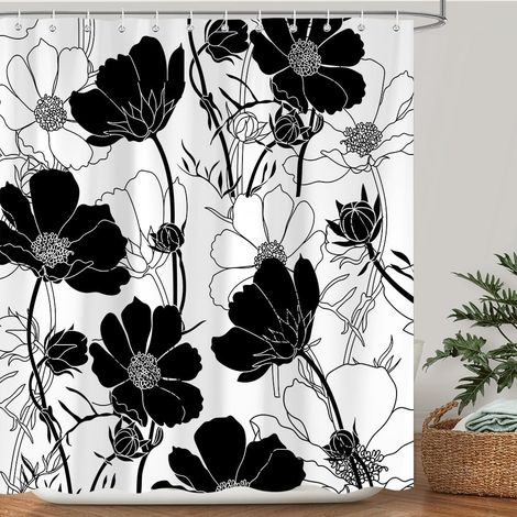 Rideau De Douche Noir Et Blanc À Florales Motiv, Rideau De Douche En Tissu À Fleurs, 183 X 183 Cm (72 X 72 Pouces).