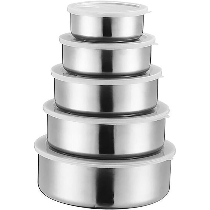 Set Mit 5 Stapelbaren Lebensmittelboxen Mit Deckel Aus Edelstahl.