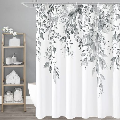 Rideau De Douche À Motiv Eucalyptus Gris, Ensemble Rideau De Douche Pour Salle De Bain, Blanc Cassé, 180 X 180 Cm