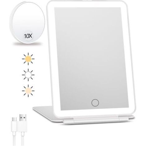 Miroir De Maquillage De Voyage Wiederaufladbar Mit Beleuchtung, Miroir Grossissant X10, Miroir De Courtoisie Portable, Eclairage 3 Farben, Abstufung