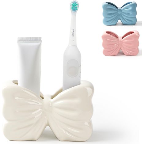 Porte-brosse À Dents Noeud Papillon, Ensemble Brosse À Dents Und Organisateur De Comptoir De Salle De Bain - Blanc