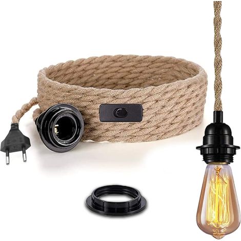 Lampe Mit Schalter, Vintage-hängeleuchte Aus Leinen Mit 4,5 Meter Geflochtenem Hanfseil, E27-fassung, Küche, 0,75 Mm², Für Bar, Keller, Lager, Bauernhof (glühbirne Nicht Im Lieferumfang Enthalten)