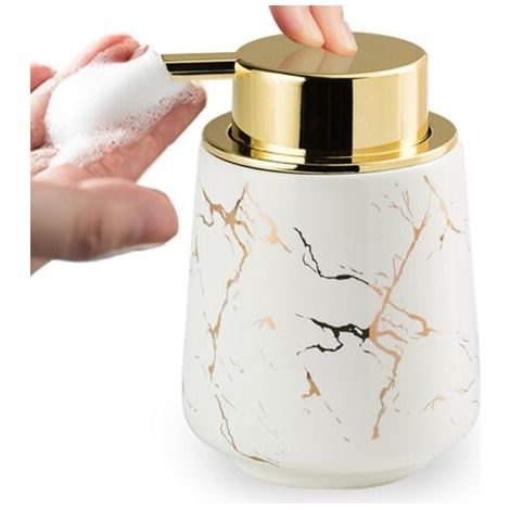 Seifenspender Aus Weißem Keramikschaum, 380 Ml, Marmormuster Mit Großem Pumpkopf, Badezimmerspender, Nachfüllbar Für Shampoo, Lotion, Handseifenspender.