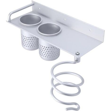 Organisator Accrochant De Support De Sèche-cheveux De Mur De Mur, Support Multifonctionnel En Aluminium De Dessiccateur De Cheveux Et 2 Cups De Stockage De Brossé À Dents