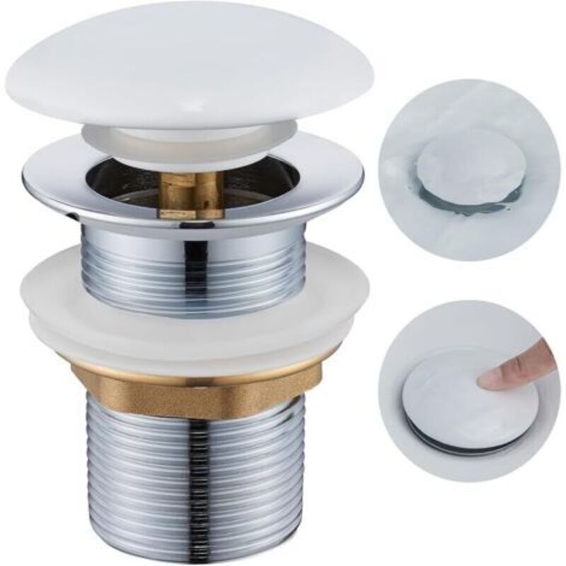 Bonde Lavabo Sans Trop Plein, Bonde Lavabo Salle De Bain Avec Couvercle En Céramique, Bonde De Vidage Lavabo Clic Clac Pop-up, Universelle Standard-g 1 ¼, Blanc