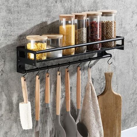 Küchenutensilienhalter Aus Edelstahl Mit 8 Haken, Kleben/bohren, 2 Möglichkeiten Zur Installation Des Küchenutensilien-aufbewahrungsregals, 40 Cm Großes, Wandmontiertes Küchenutensilien-organizer-rega