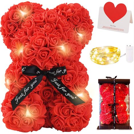 Unser En Peluche Orné De Roses, Coffret Cadeau, Guirlande Lumineuse Et Carte De Vœux, Rose Artificielle Rouge.