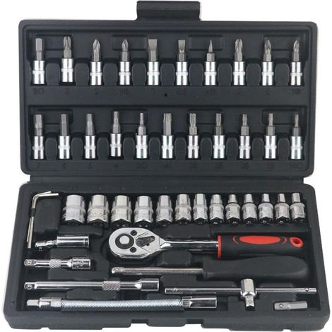 46-teiliges 1/4-zoll-ratschen-steckschlüssel-set Mit Metrischen Stecknüssen Und Verlängerung Für Kfz- Und Heimreparaturen (schwarz)