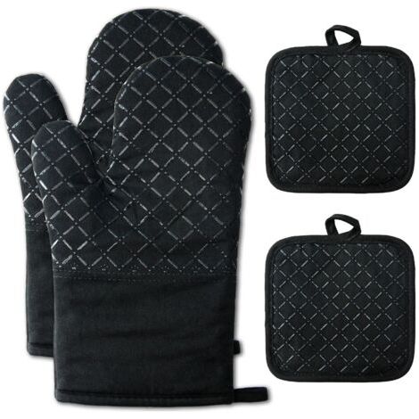 Ofenhandschuhe, Ofenhandschuhe, 1 Paar Und Silikon-topflappen, Ofenhandschuhe, Küche Mit Topflappenmatte, Hitzebeständig, Rutschfest, Ofenhandschuh Für Grillen, Kochen, Backen, Mikrowelle (schwarz)