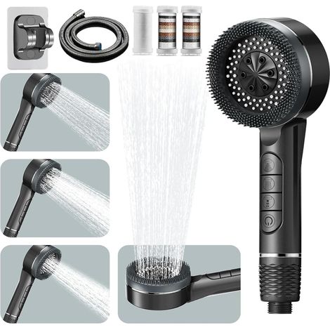 Hochdruck-duschkopf, Wassersparend, 4 Strahlarten, Anti-kalk, 1,5 M Flexibel, Handbrausehalter, Wasserstopp-taste, Grau