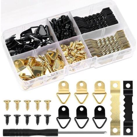 100 Stück Robuste Haken Zum Aufhängen Von Bilderrahmen – Doppelloch-sägezahn-rahmenaufhänger Mit Schrauben, Bilderrahmenhalterungen, 150 Stück Schrauben Mit Aufbewahrungsbox (gold Und Schwarz)