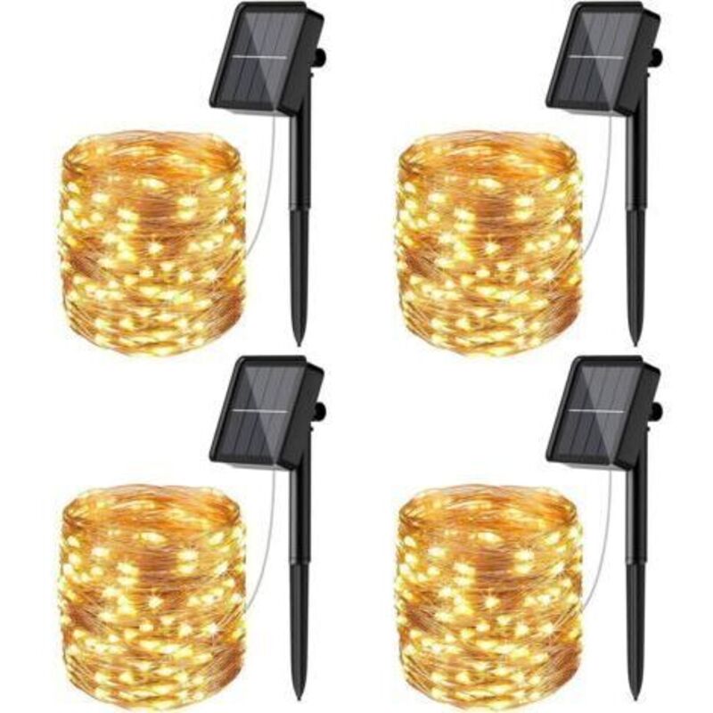 [lot De 4] Guirlande Solaire Exterieur, 12m 100 Led Guirlande Lumineuse Solaire Exterieure Étanche 8 Modes Décoration Lumière Pour Jardin Terrasse Cour Maison Noël Mariage Fête Blanc Chaud H542