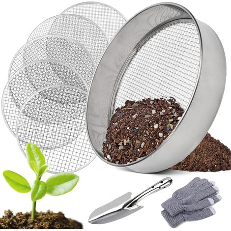 5 In 1 Rundes Gartensieb Aus Edelstahl, 30 Cm, Mit 5 Austauschbaren Sieben Von Ø 3, 6, 9, 10 Und 12 Mm, Für Erde, Kompost Und Aussaat.