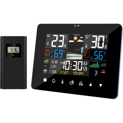 Wetterstation Mit Innen-/außen-funksensor, Sonnenaufgangs-/sonnenuntergangsanzeige, Wecker, Thermometer, Hygrometer, Touchscreen Und Funk-außensensor.