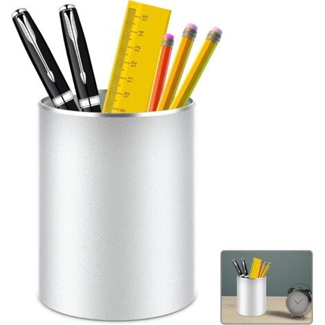 Büro-stiftebehälter, Runder Schreibtisch-organizer Aus Metall Und Aluminium Für Büro, Schule, Zuhause Und Kinder, Rutschfester Silikonboden (silber)