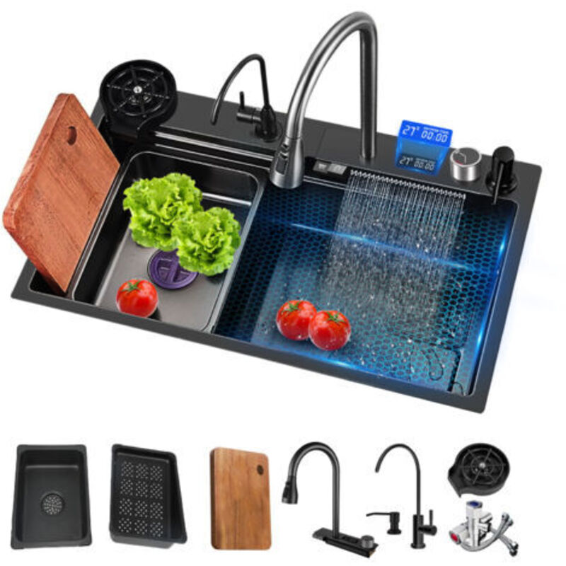 Évier De Cuisine Cascade Multifonctionne Evier Cuisine 1 Bac 80 X 45 Cm, Robinetterie Extractible Rinceuse En Verre Evier À Poser Avec Trous Pour Robinets Et Distributeurs De Savon B
