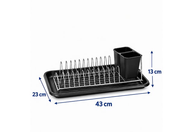 Relaxdays Abtropfgestell, Besteckkorb, Abtropfschale, Hxbxt: 13 X 43 X 23 Cm, Geschirrkorb 12 Teller, Schwarz/silber