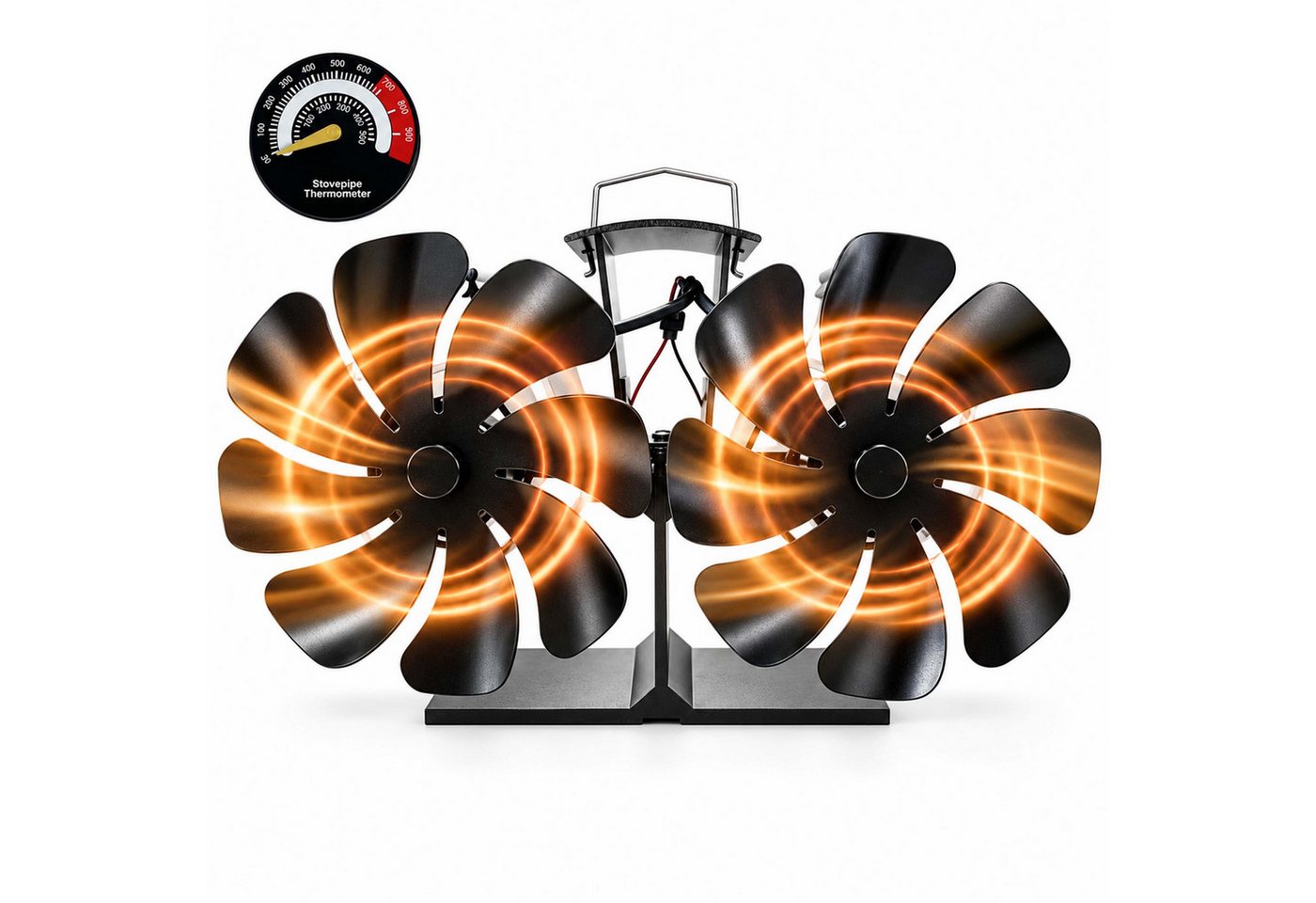 Relaxdays Kaminventilator, Doppelt, Ohne Strom, Ofenventilator, 16 Blätter, Hbt: 13,5x25x11 Cm, Mit Thermometer, Schwarz