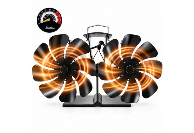 Relaxdays Kaminventilator, Doppelt, Ohne Strom, Ofenventilator, 16 Blätter, Hbt: 13,5x25x11 Cm, Mit Thermometer, Schwarz