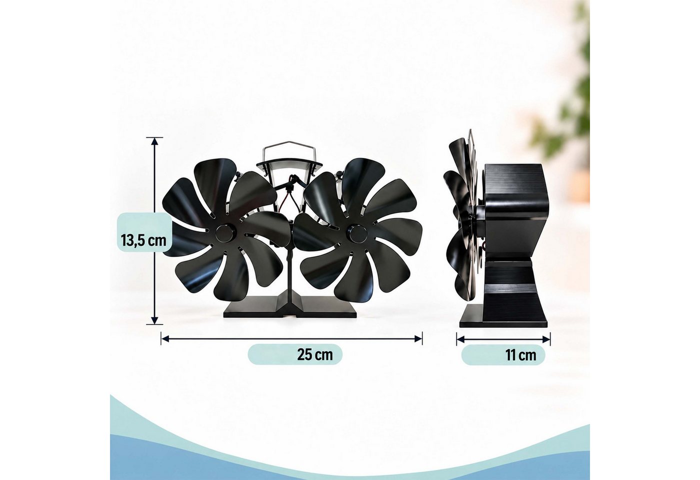 Relaxdays Kaminventilator, Doppelt, Ohne Strom, Ofenventilator, 16 Blätter, Hbt: 13,5x25x11 Cm, Mit Thermometer, Schwarz Bild 2