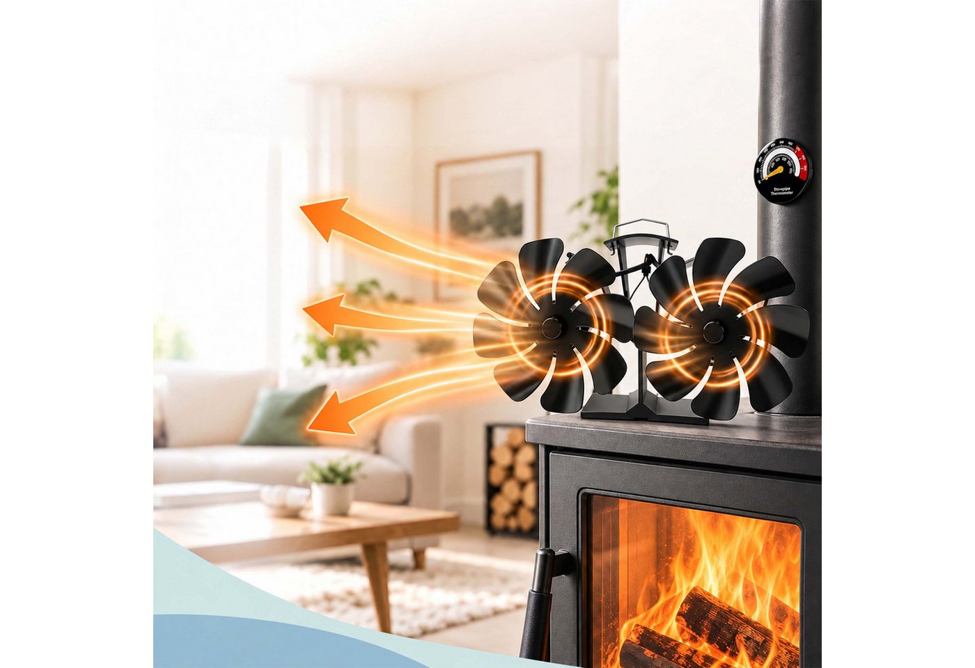 Relaxdays Kaminventilator, Doppelt, Ohne Strom, Ofenventilator, 16 Blätter, Hbt: 13,5x25x11 Cm, Mit Thermometer, Schwarz Bild 3