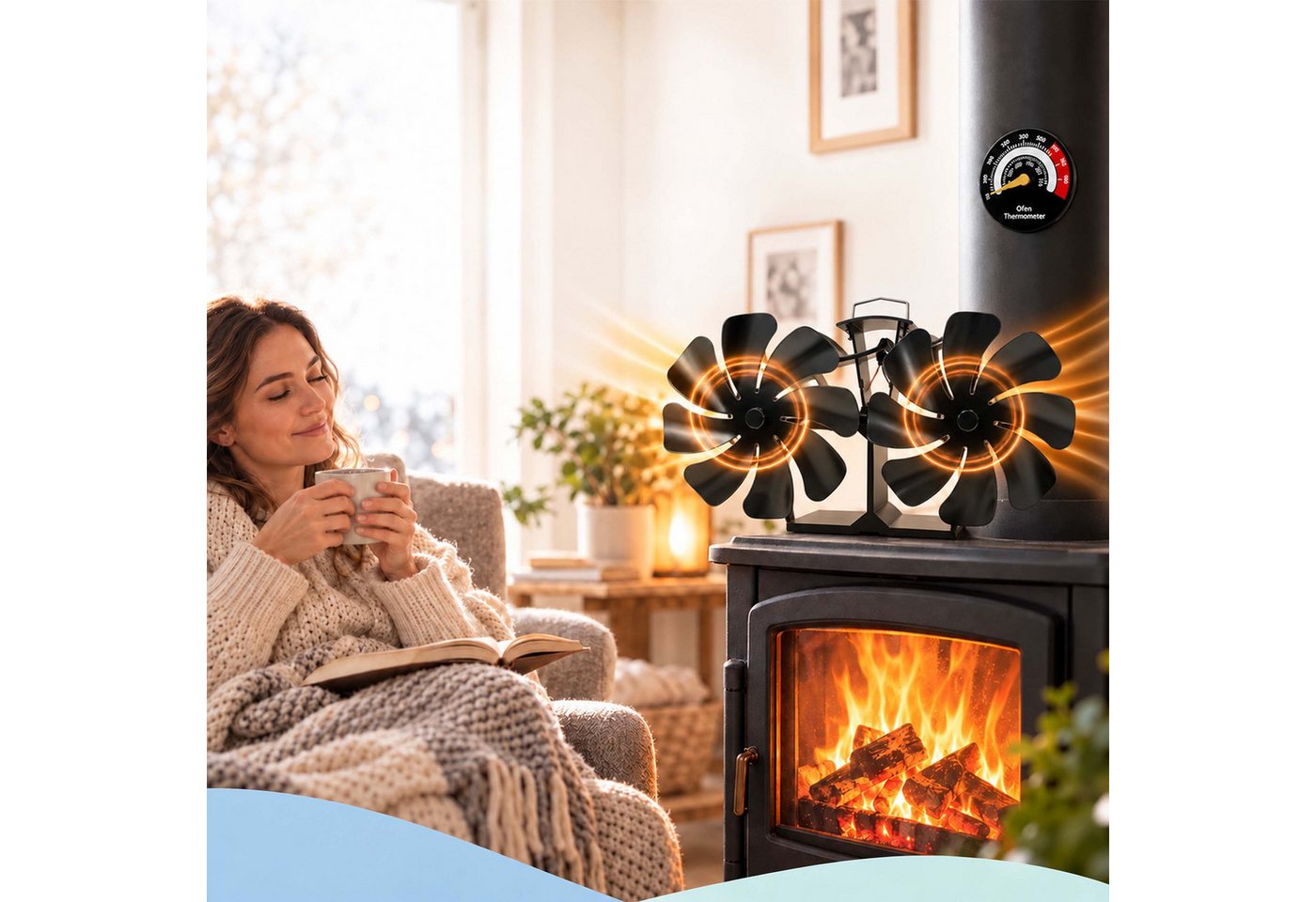 Relaxdays Kaminventilator, Doppelt, Ohne Strom, Ofenventilator, 16 Blätter, Hbt: 13,5x25x11 Cm, Mit Thermometer, Schwarz Bild 4