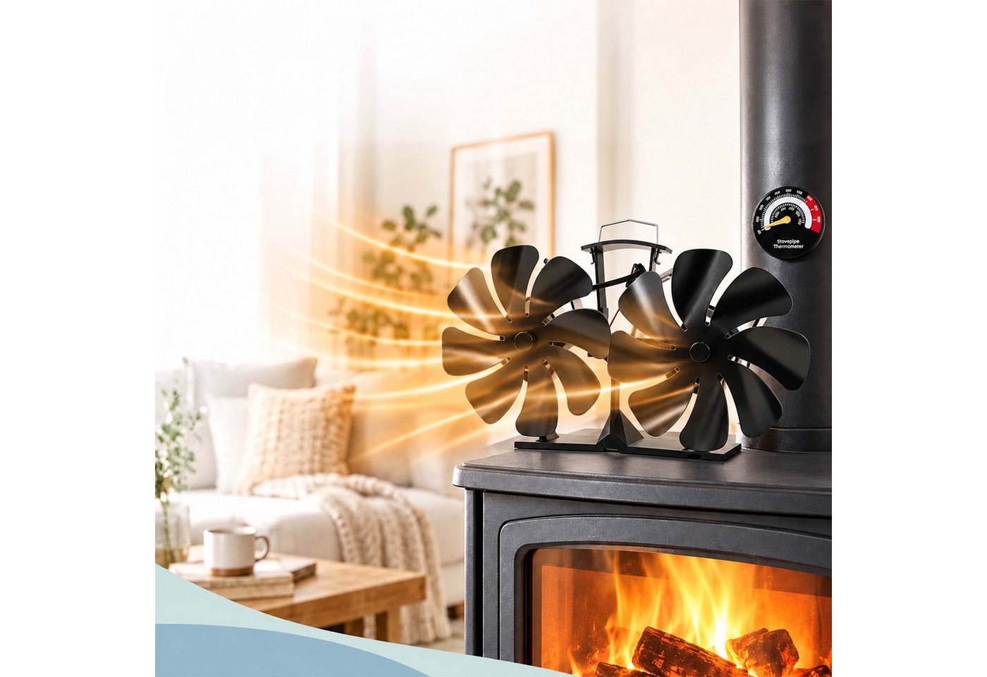 Relaxdays Kaminventilator, Doppelt, Ohne Strom, Ofenventilator, 16 Blätter, Hbt: 13,5x25x11 Cm, Mit Thermometer, Schwarz Bild 5