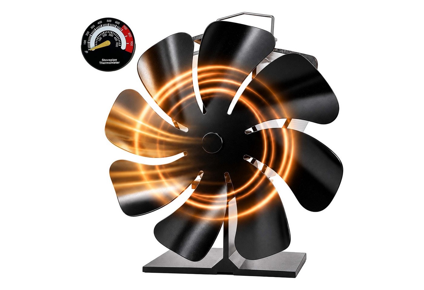 Relaxdays Kaminventilator, Ohne Strom, Ofenventilator, 8 Blätter, Hbt: 18x17x10 Cm, Mit Thermometer, Aluminium, Schwarz