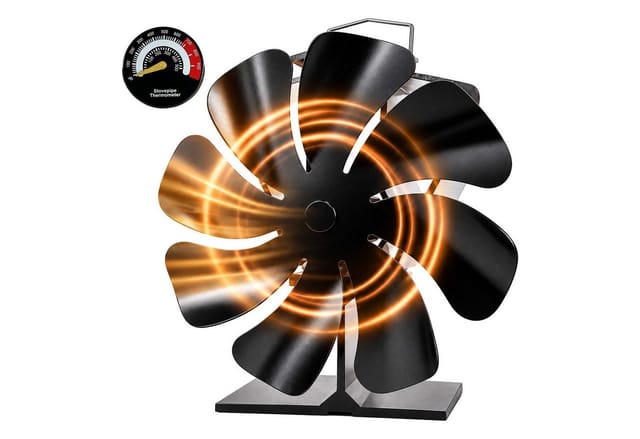 Relaxdays Kaminventilator, Ohne Strom, Ofenventilator, 8 Blätter, Hbt: 18x17x10 Cm, Mit Thermometer, Aluminium, Schwarz
