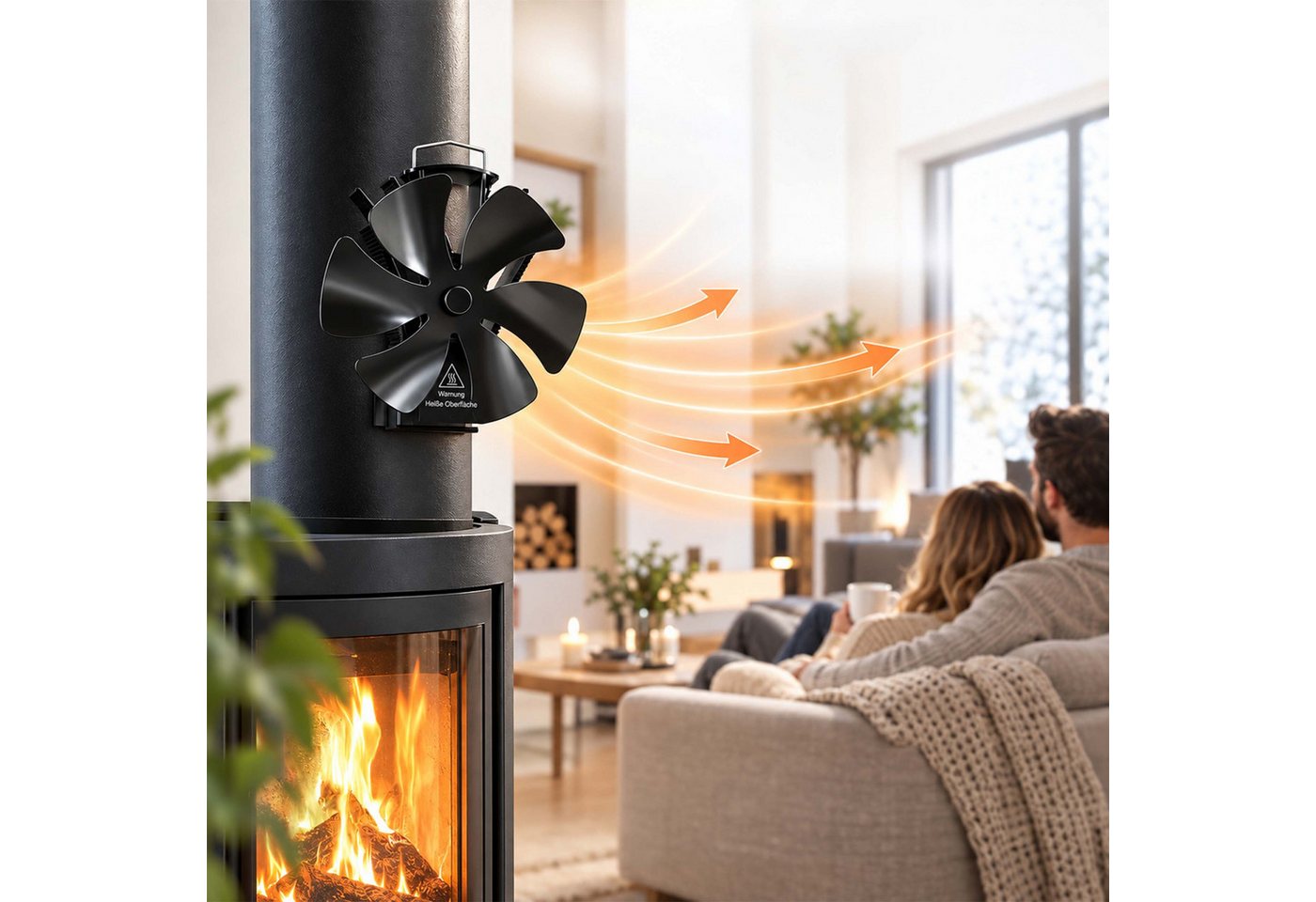 Relaxdays Kaminventilator, Ohne Strom, Magnetisch, 6 Blätter, Hbt: 21,5x17x11 Cm, Mit Thermometer, Aluminium, Schwarz Bild 3