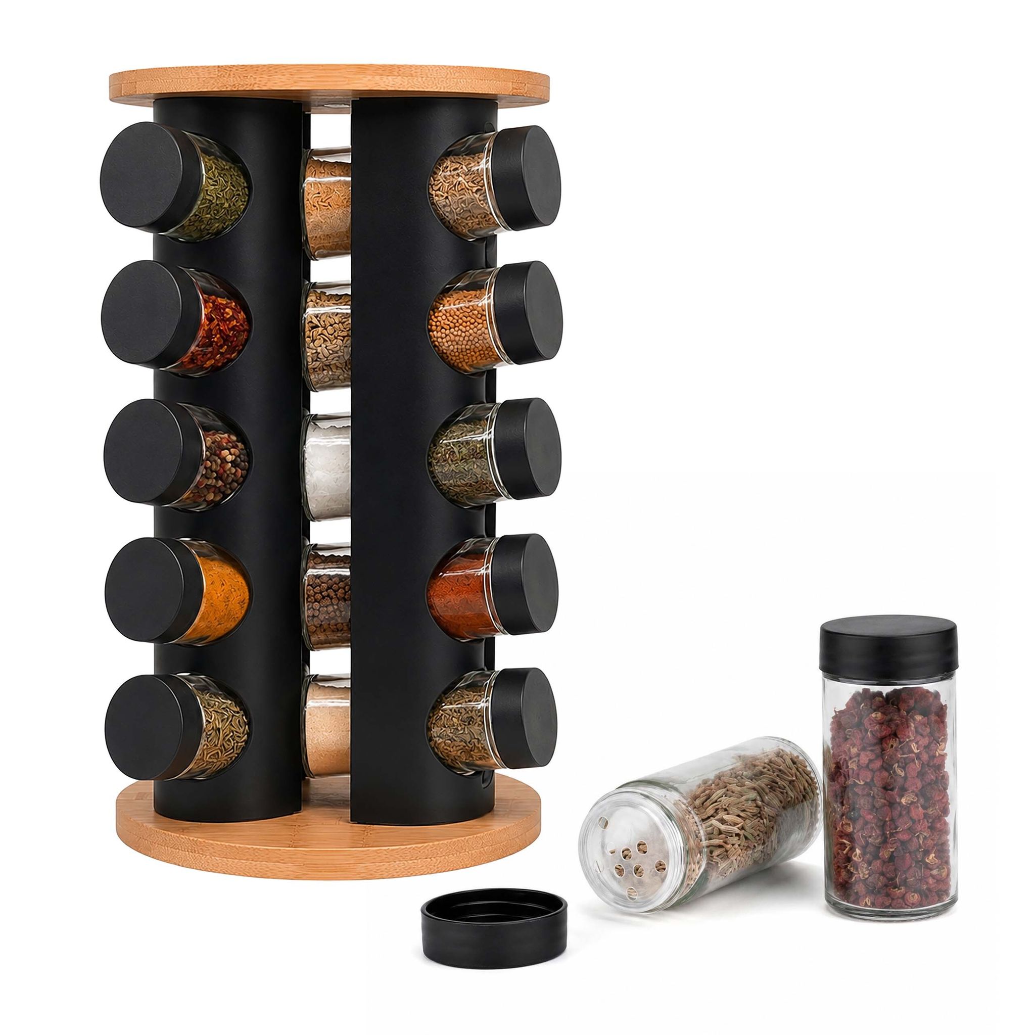 Relaxdays Gewürzkarussell, 20 Gläser, 360° Drehbarer Gewürzständer, Hd: 33x19,5 Cm, Bambus & Edelstahl, Natur/schwarz