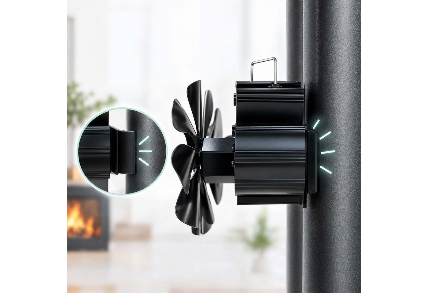 Relaxdays Kaminventilator, Ohne Strom, Magnetisch, 8 Blätter, Hbt: 20x16x12,5 Cm, Mit Thermometer, Aluminium, Schwarz