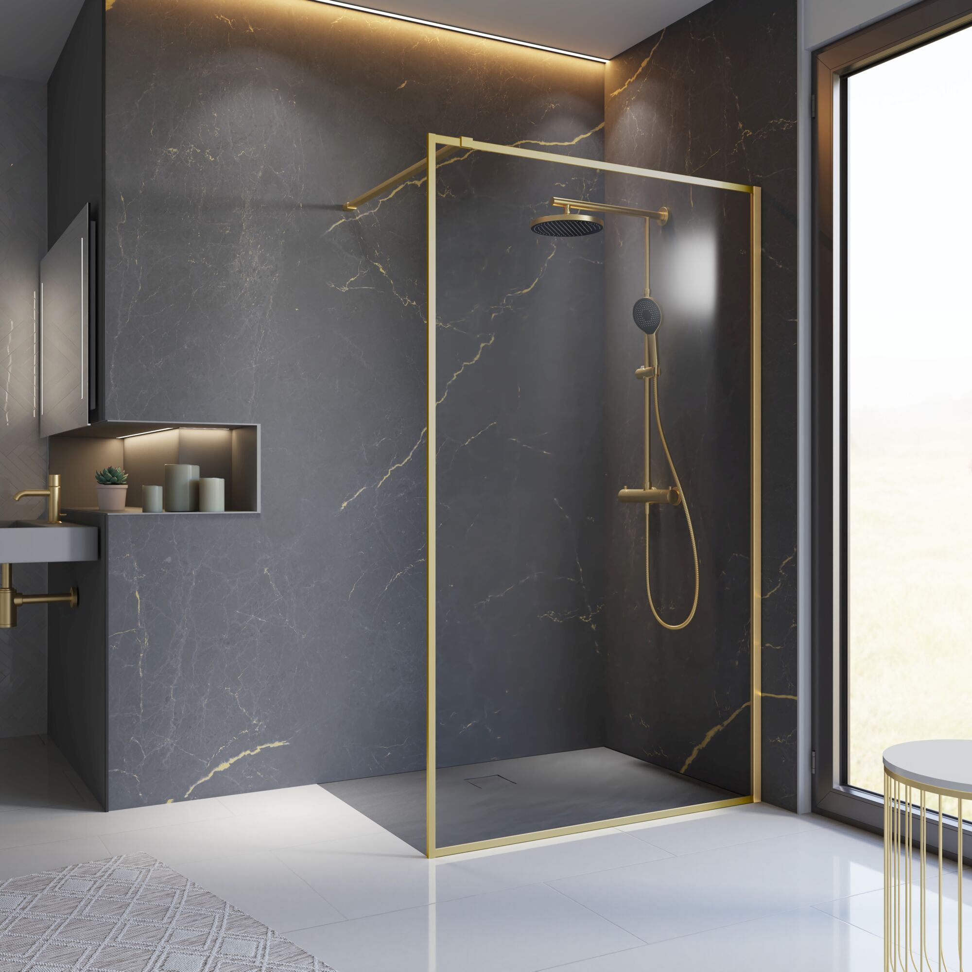 Schulte Walk-in Duschwand Trend 2.0, Goldoptik, 100 X 200 Cm, 6 Mm Sicherheitsglas, Offene Duschkabine