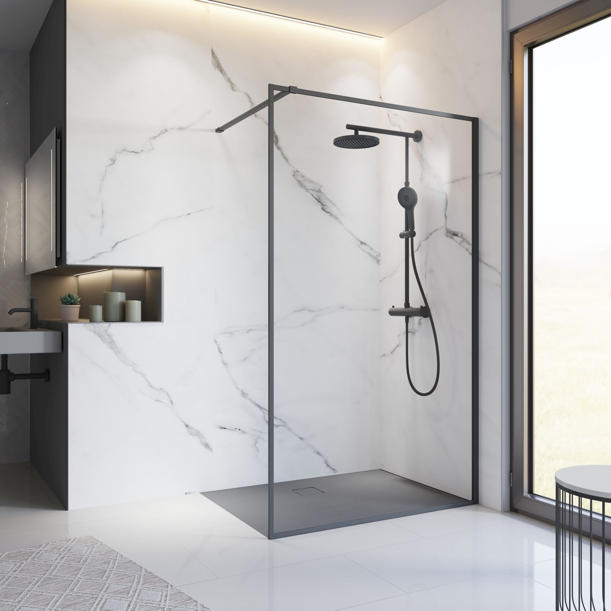Schulte Walk-in Duschwand Trend 2.0, Mattschwarz, 100 X 200 Cm, 6 Mm Sicherheitsglas, Offene Duschkabine