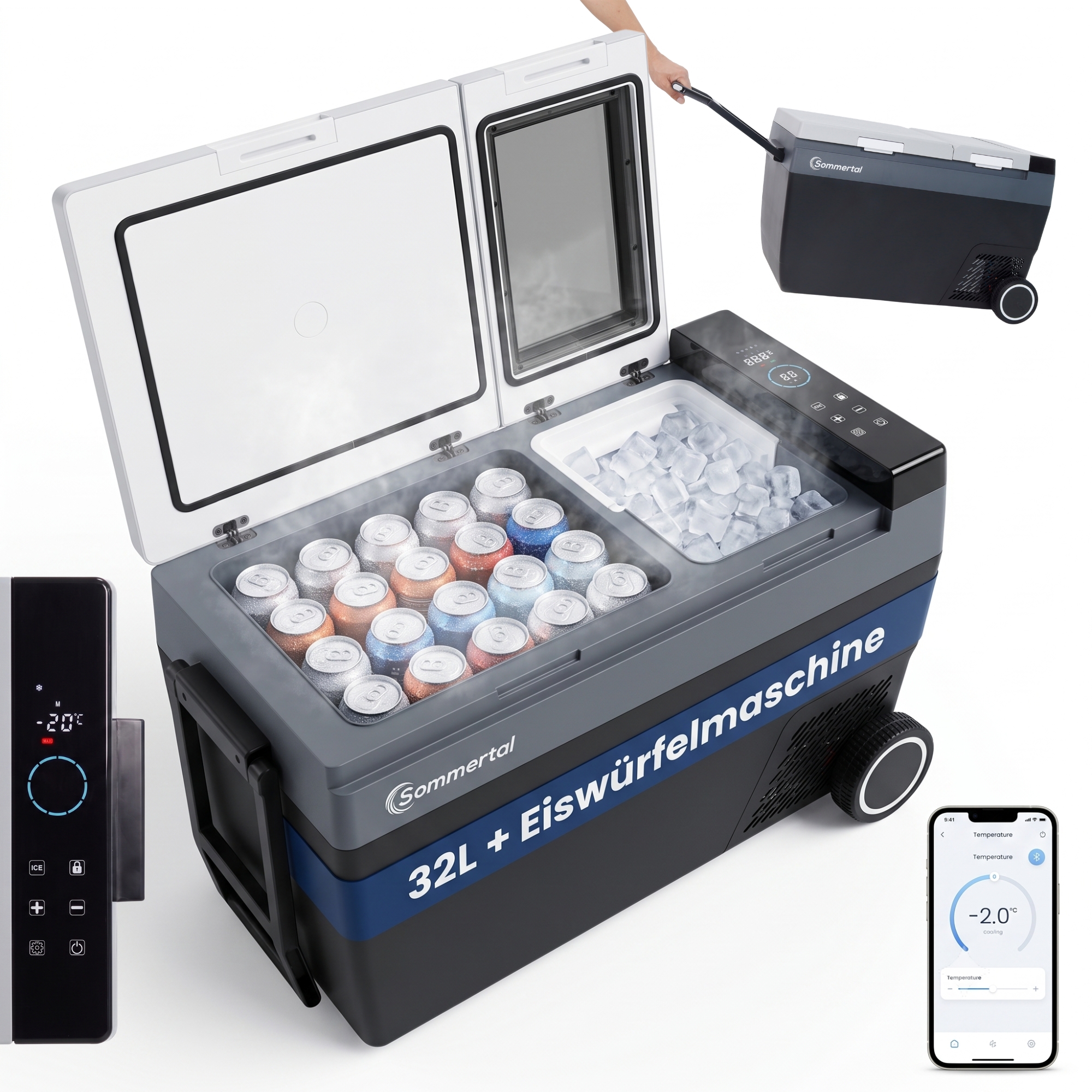Sommertal C32e Kompressor-kühlbox 32 L Mit Eiswürfelmaschine, App, Trolley, 12/24 V & 230 V, −20 Bis +20 °c