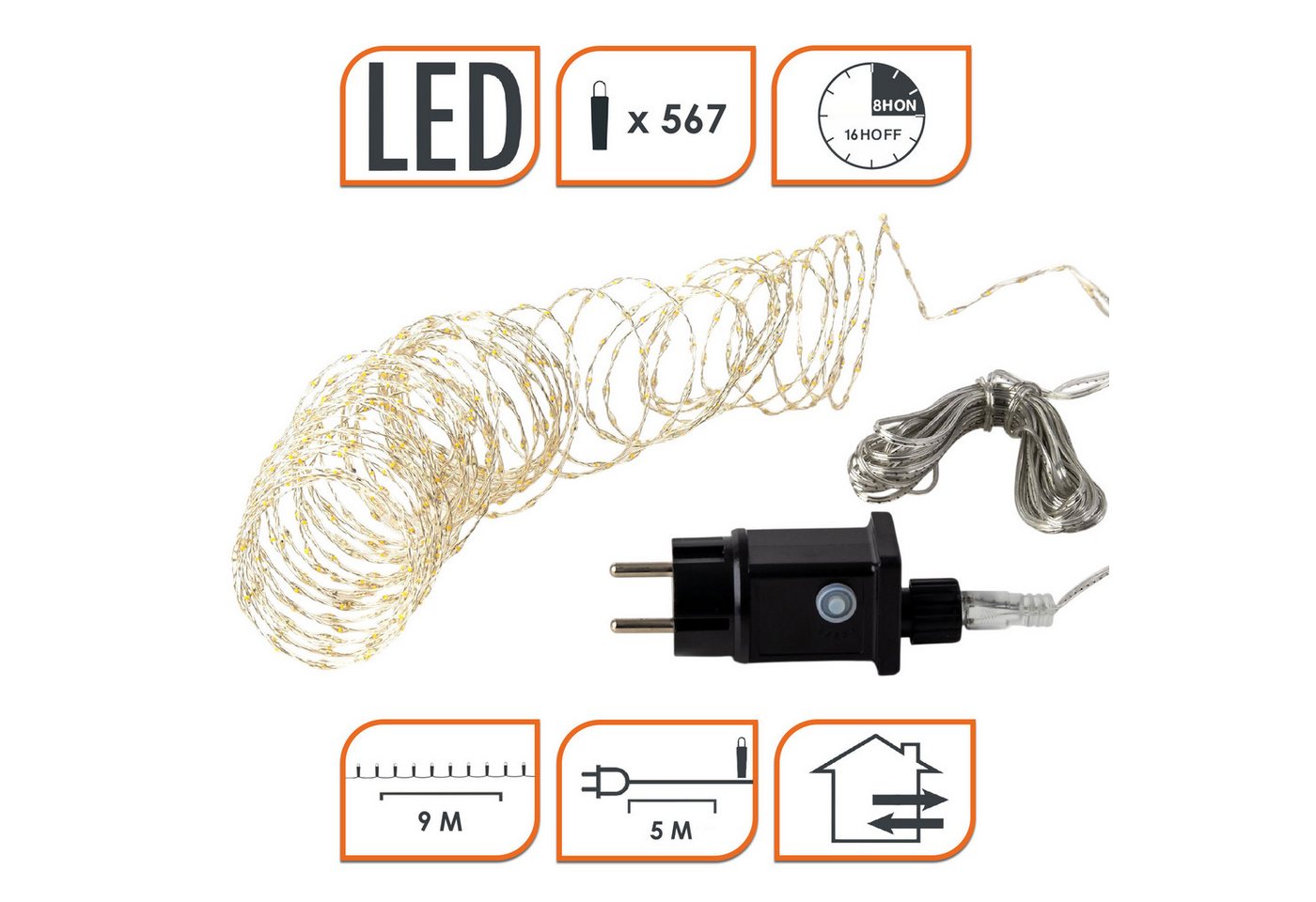 Draht Lichterkette Warm Weiß Extra Dicht Mit Timer Und Funktionen - 567 Led - Leuchtdraht Silber 9 M Für Außen Und Innen Mit Netzstecker