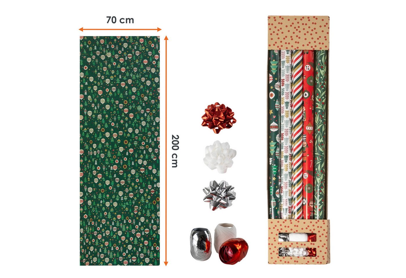 Weihnachts Geschenkpapier 200 X 70 Cm Mit Festlichen Motiven - 5 Rollen - Weihnachtsgeschenk Papierrolle 2 Meter Bunt Mit Geschenkband Und Schleifen