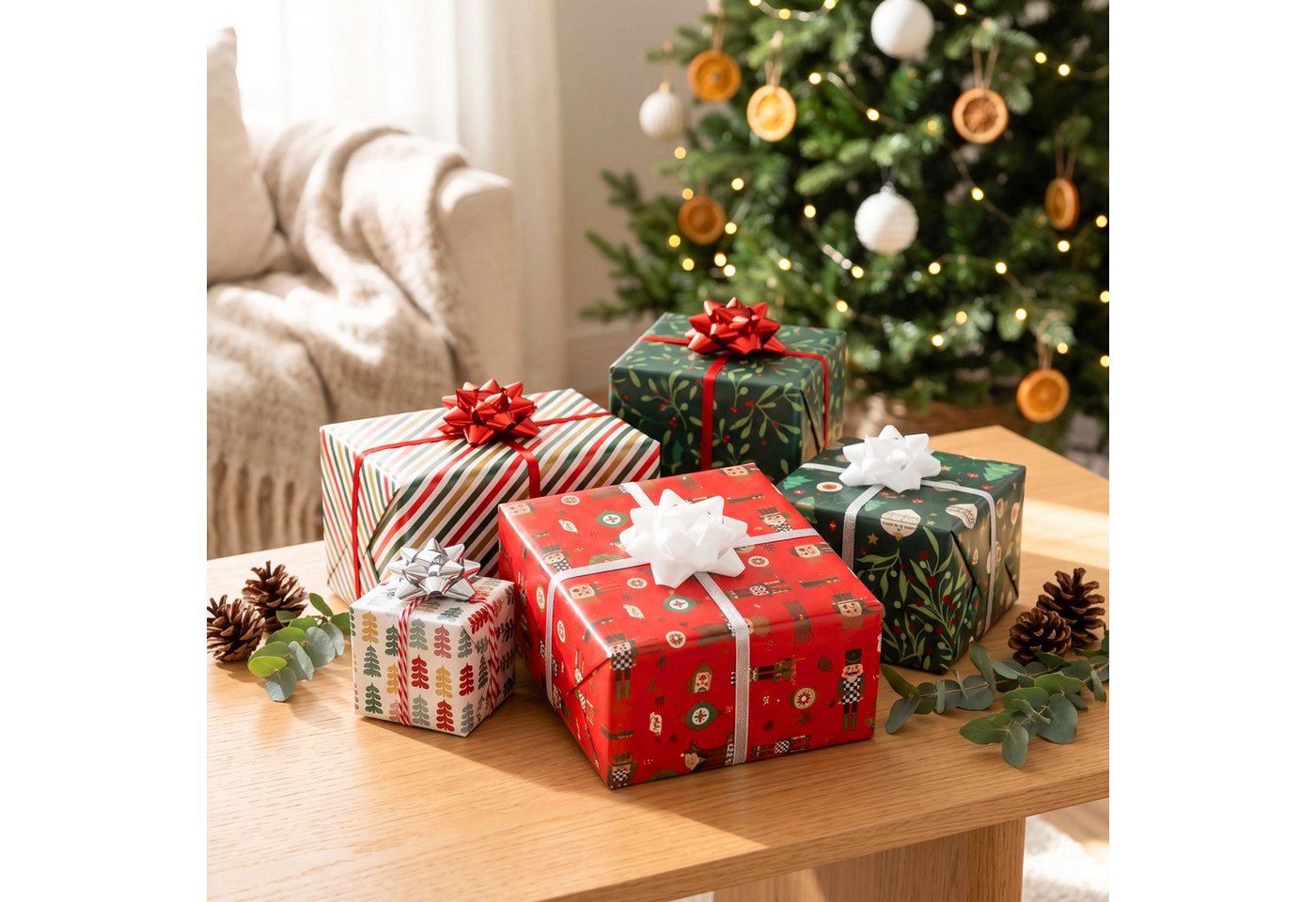 Weihnachts Geschenkpapier 200 X 70 Cm Mit Festlichen Motiven - 5 Rollen - Weihnachtsgeschenk Papierrolle 2 Meter Bunt Mit Geschenkband Und Schleifen Bild 4
