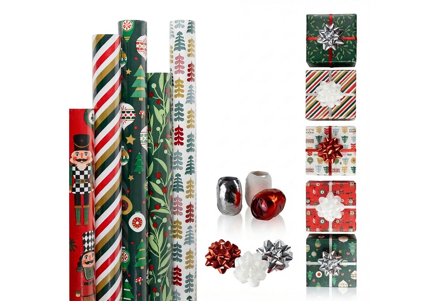 Weihnachts Geschenkpapier 200 X 70 Cm Mit Festlichen Motiven - 5 Rollen - Weihnachtsgeschenk Papierrolle 2 Meter Bunt Mit Geschenkband Und Schleifen Bild 5