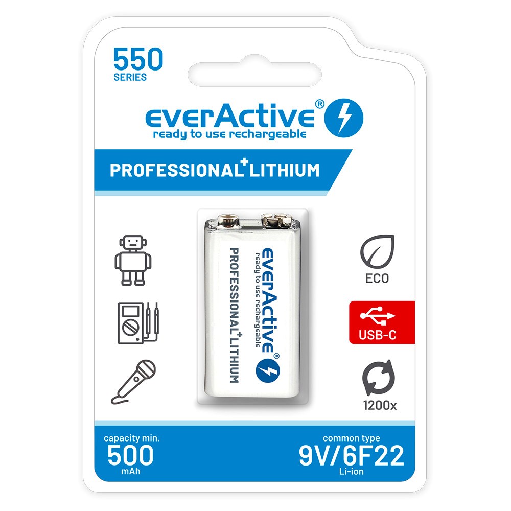 Rechargeable Battery Everactive 6f22/9v Li-ion 550 Mah With Usb Type C