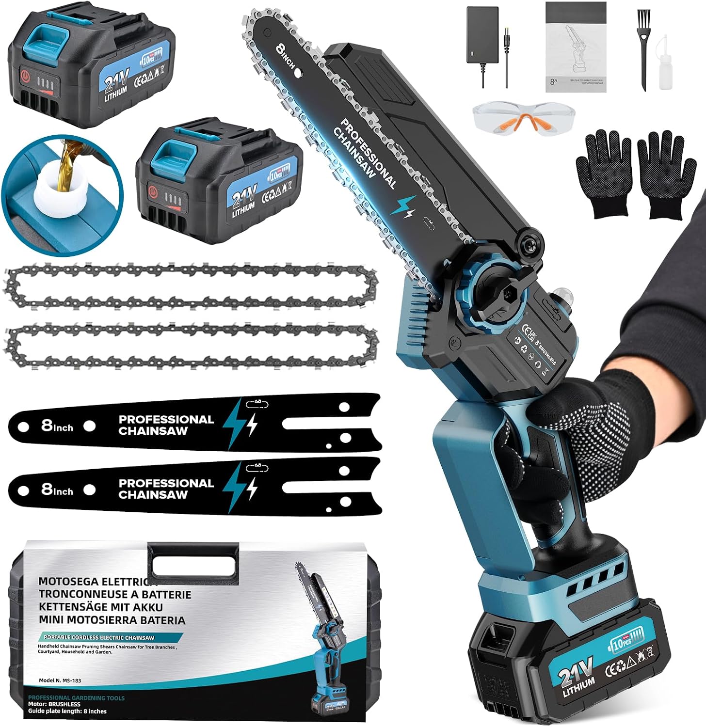 8-zoll-akku-kettensäge, 2x4000mah Kabellose Elektrokettensäge, Kabellose Astsäge Für Gartengeräte, Holzschneiden, Heimwerken (1800w Brushless)