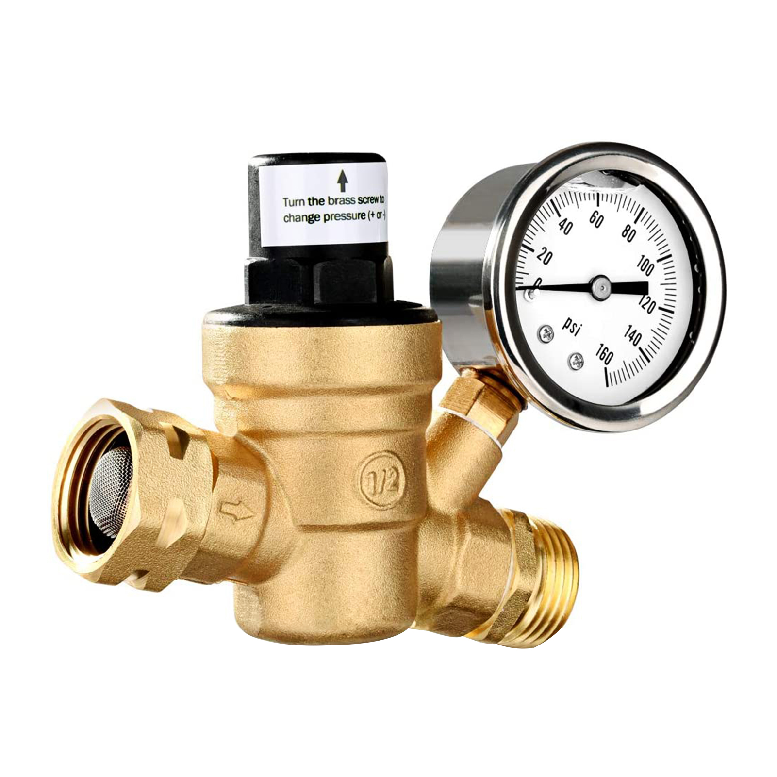 Wasserdruckreglerventil Aus Bleifreiem Messing, Einstellbarer Wasserdruckminderer Mit 0-160 Psi Manometer Und Einlassfilter Für Wohnmobile Und Wohnwagen