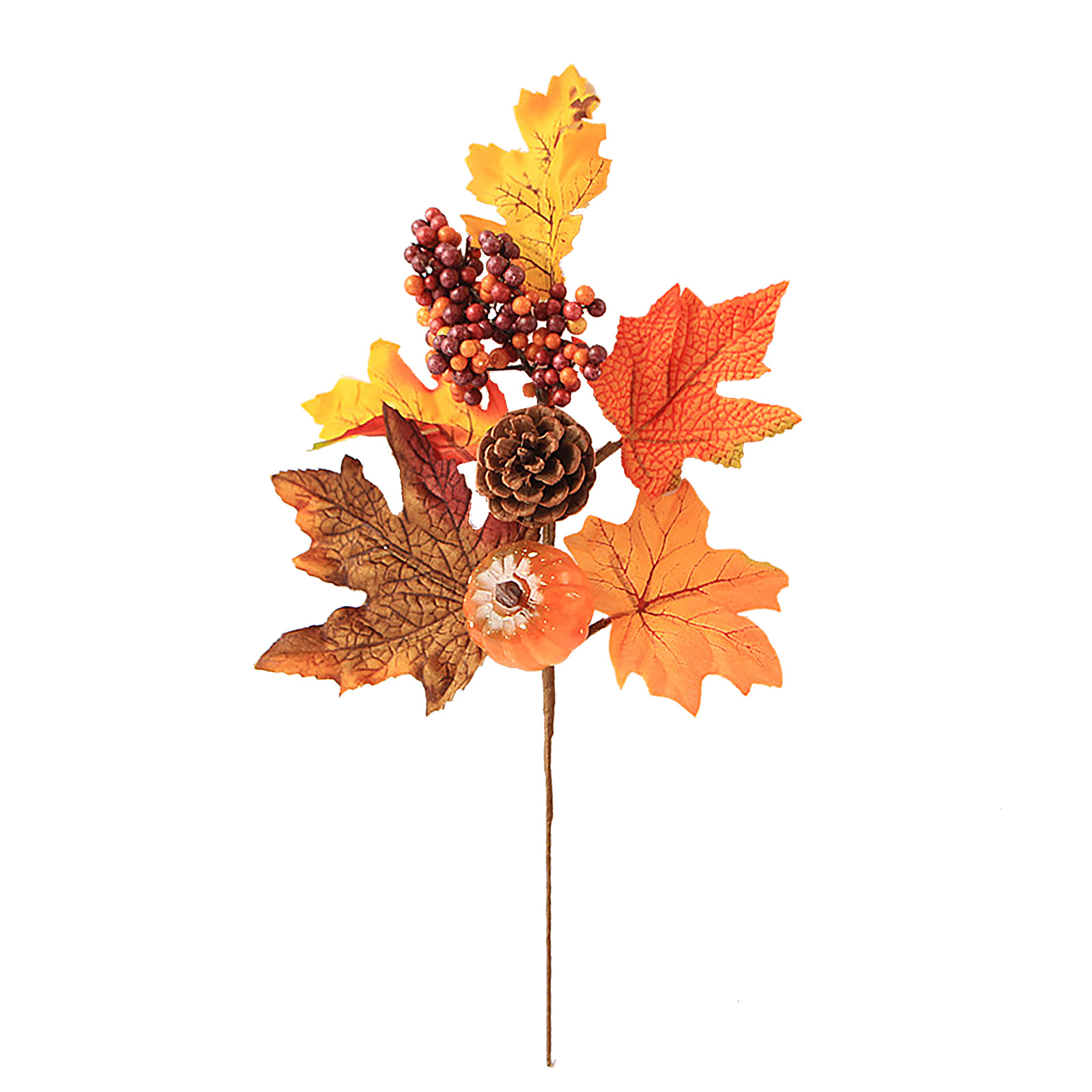 Künstliche Kürbisblume, Seidenstoff, Ahornblätter, Schaumstoffbeere, Echter Kiefernzapfen, Herbstlicher Blumenzweig