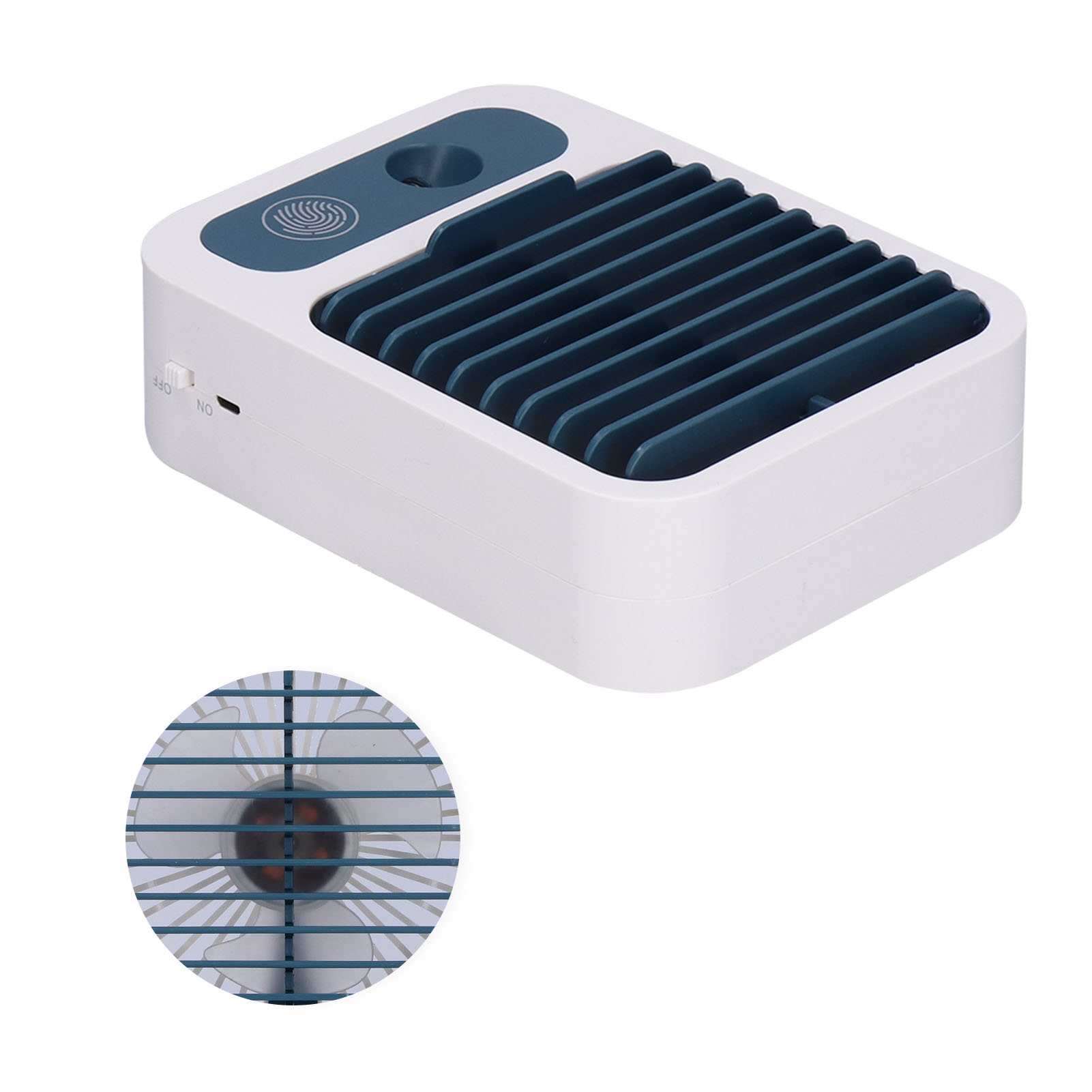 Mini-luftbefeuchter-sprühventilator, Tragbar, Mit Usb-ladefunktion, Weiß/blau, Für Schreibtisch, Büro Oder Studentenwohnheim