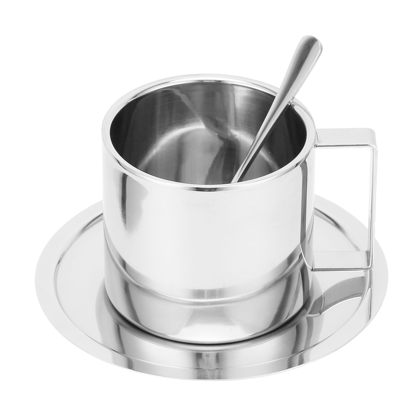 Kaffeetasse, Doppelwandiger Edelstahl-isolierbecher Mit Löffel Und Untertasse Für Den Haushalt (silber, 280 Ml)