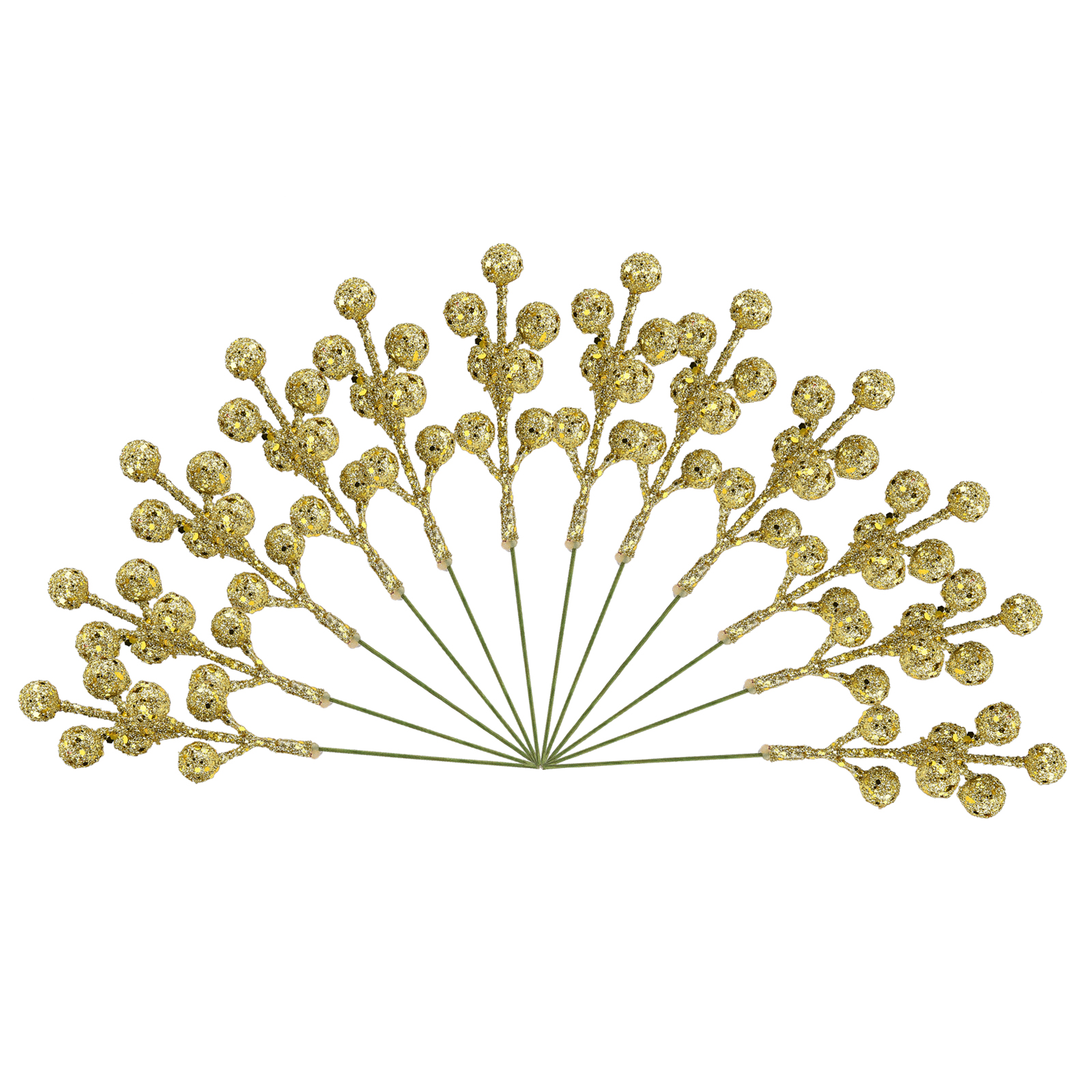 12 Künstliche Beerenzweige Mit Glitzer, Weihnachtsdeko, 7 Zweige, 17 Cm Lang, Gold