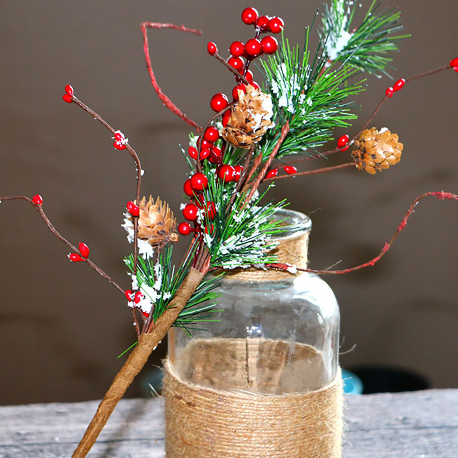 3er-set Künstliche, Schneebedeckte Kiefernzweige (45 Cm) Mit Roten Beeren Und Zapfen Für Die Weihnachtsvasendekoration