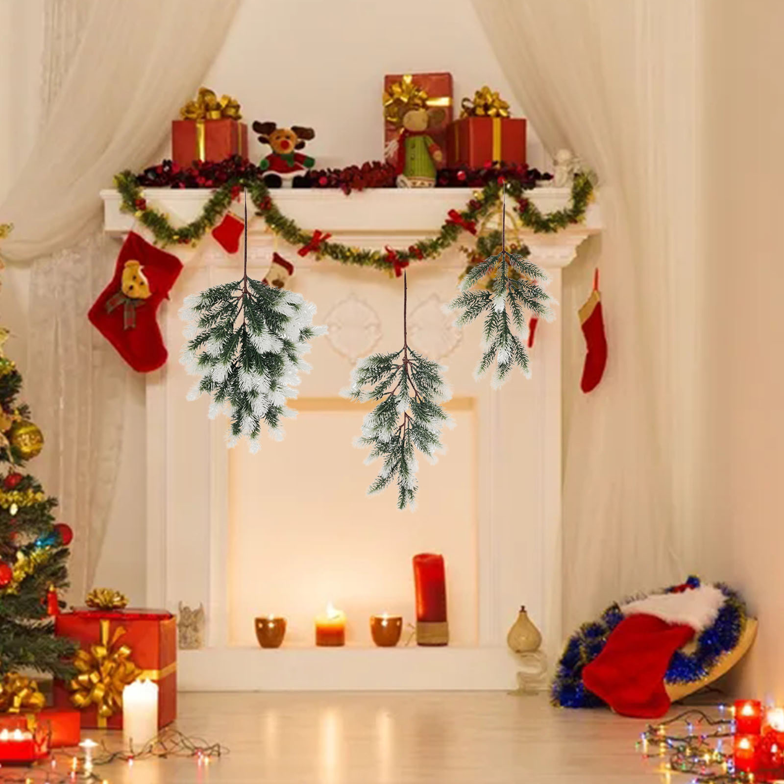 3 Stück Künstliche, Schneebedeckte Kiefernnadeln, 13 Zweige, Frostige Kiefernzweige, Grünpflanzen Für Bastelarbeiten, Kränze, Girlanden Und Weihnachtsdekoration