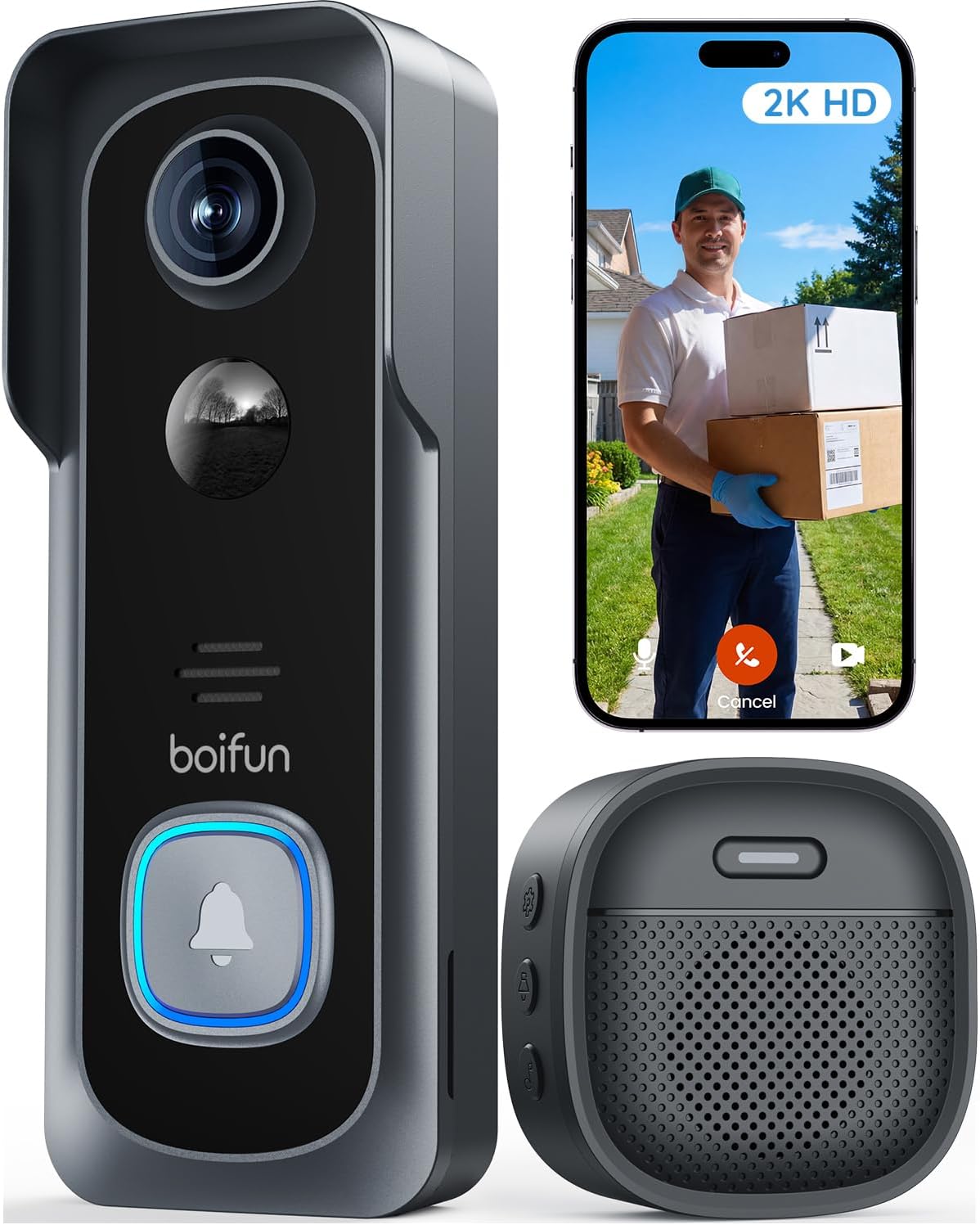 Boifun Video-türklingel Mit Kamera 2k Hd, 166° Weitwinkel, Nachtsicht Alexa-kompatibel, Nachtsicht, Pir Bewegungserkennung, 2-wege-audio, Sd- & Cloud-speicher, Mit Chime,nur 2,4 Ghz, Schwarz