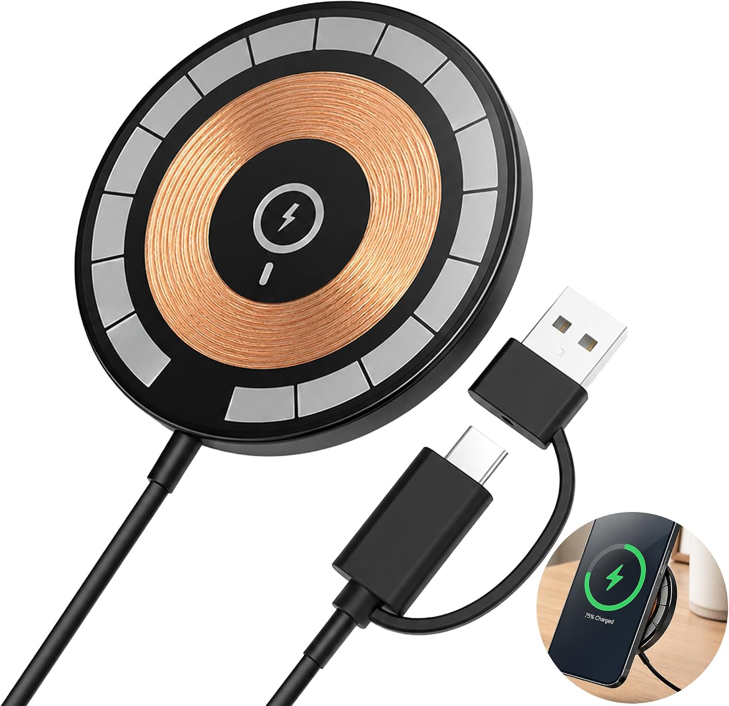 Chargeur Magnétique Sans Fil Noir Compatible Avec Les Ports Usb-c Et Usb-a